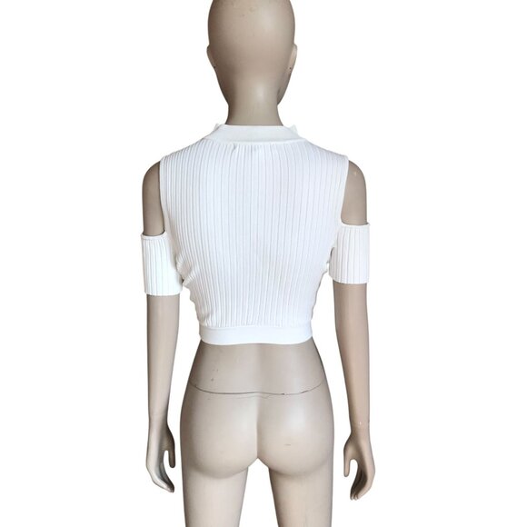BCBGMaxazria White Ribbed Cutout Crop Top - Picture 4 of 5